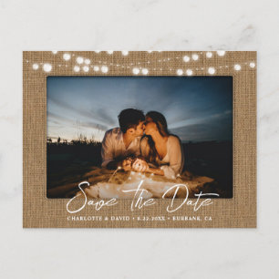 Burlap String Lights Wedding Photo Save The Date Announcement Postcard
