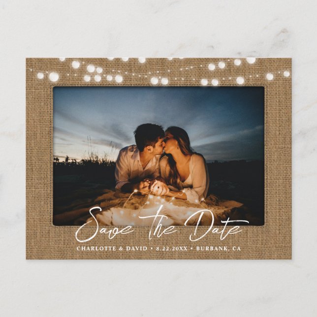 Burlap String Lights Wedding Photo Save The Date Announcement Postcard (Front)