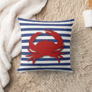 Burlap Stripe Print with Silhouette Red Crab Throw Pillow
