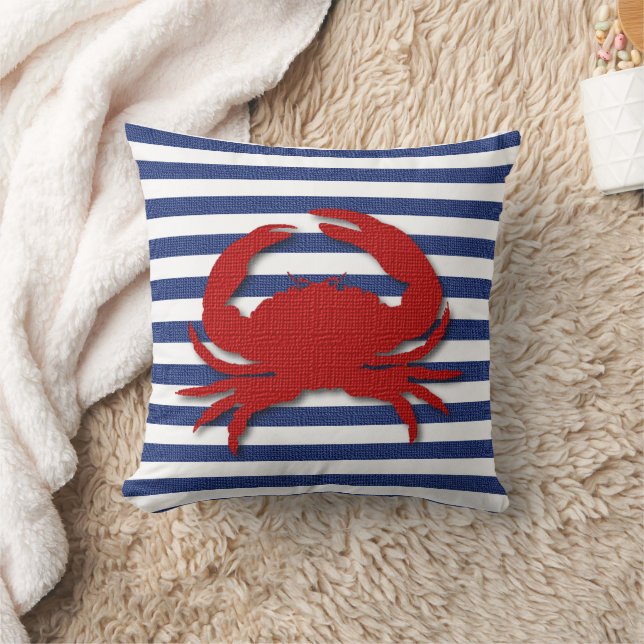 Burlap Stripe Print with Silhouette Red Crab Throw Pillow (Blanket)