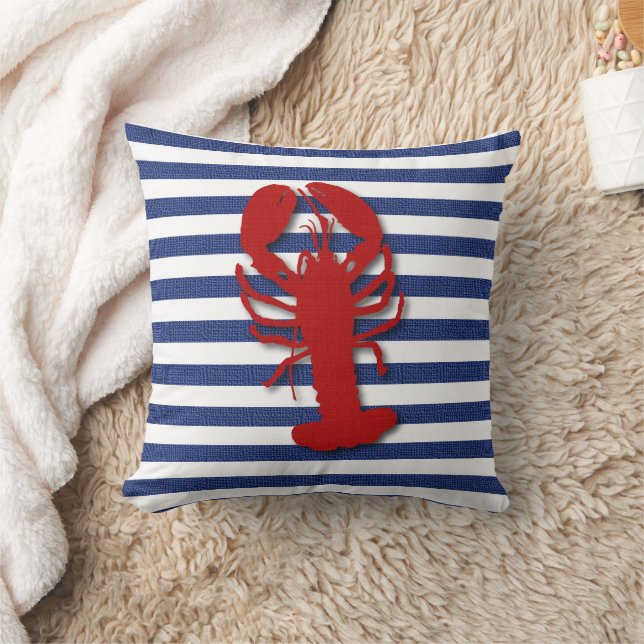 Burlap Stripe Print with Silhouette Red Lobster Throw Pillow (Blanket)