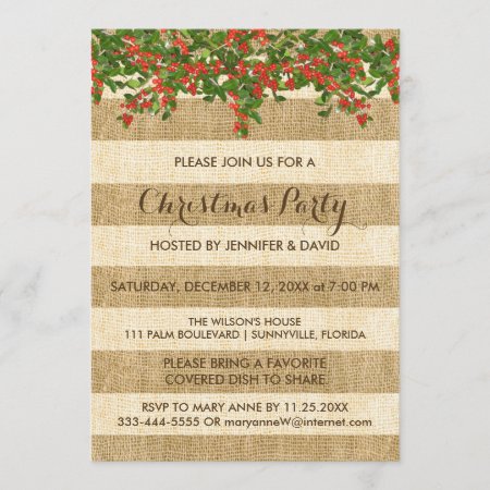 Burlap Stripes And Christmas Holly Party Invitation