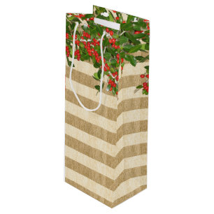 Burlap Stripes and Christmas Yaupon Holly Wine Gift Bag