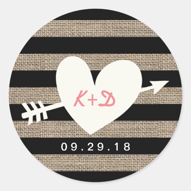 Burlap Stripes Heart & Arrow Rustic Wedding Favor Classic Round Sticker (Front)