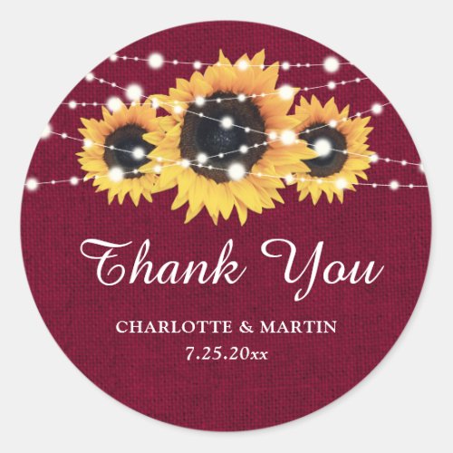 Burlap Sunflower Burgundy Red Thank You Stickers