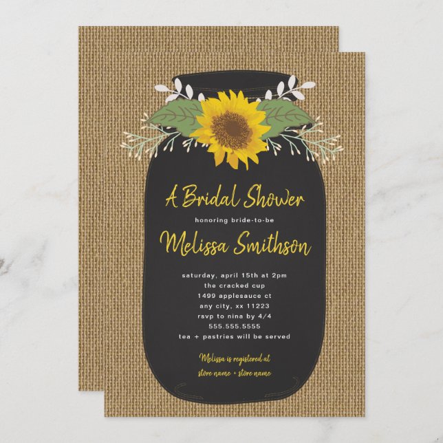 Burlap Sunflower Chalk Mason Jar Bridal Shower Invitation (Front/Back)