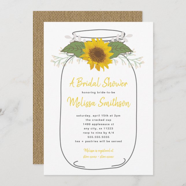 Burlap Sunflower Mason Jar Bridal Shower | white Invitation (Front/Back)