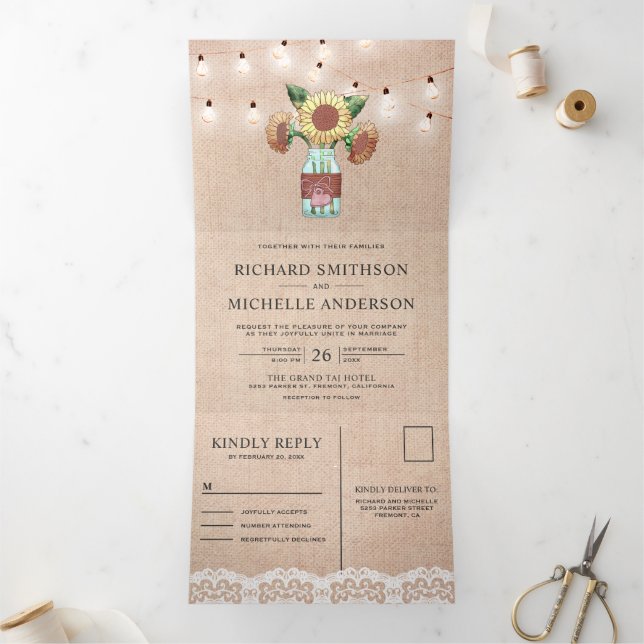 Burlap Sunflower Mason Jar String Lights Wedding Tri-Fold Invitation (Inside)