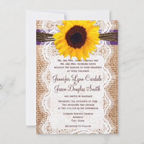 Burlap Sunflower Purple Accent Wedding Invites