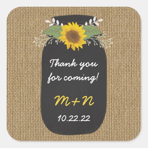 Burlap Sunflowers Chalk Mason Jar thank you favor Square Sticker