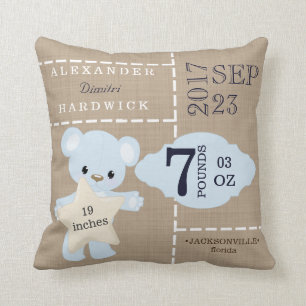 Burlap Teddy Bear Blue Birth Stats Keepsake Throw Pillow