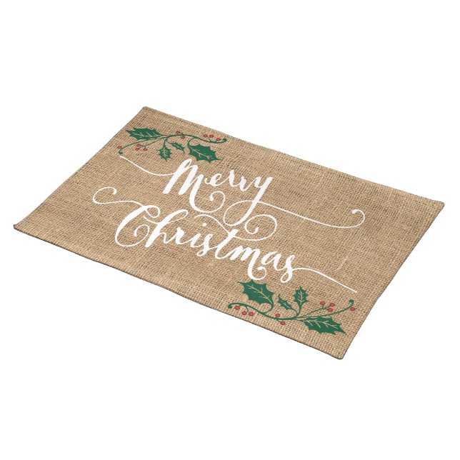 Burlap Texture Merry Christmas Cloth Placemat (On Table)