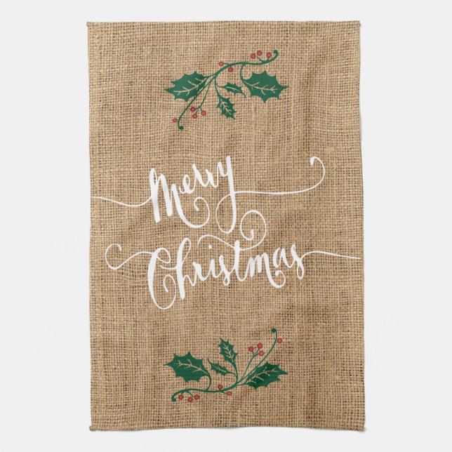 Burlap Texture Merry Christmas Kitchen Towel (Vertical)
