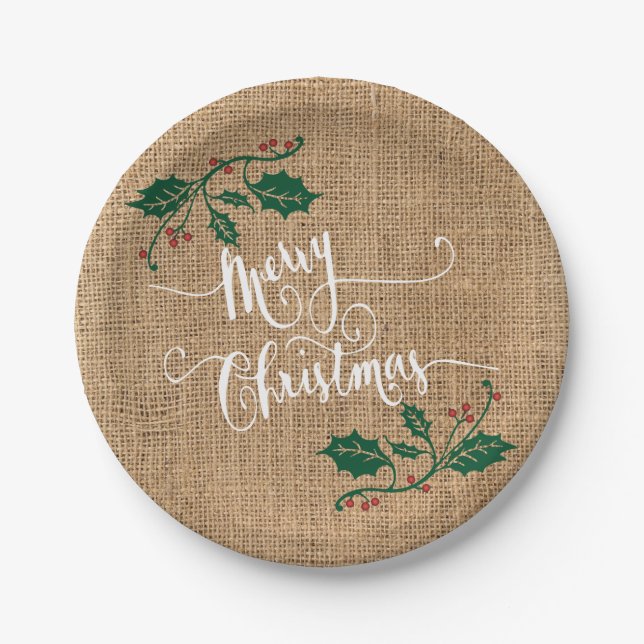 Burlap Texture Merry Christmas Paper Plates (Front)