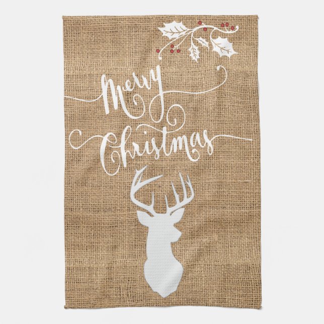 Burlap Texture Merry Christmas with Deer Kitchen Towel (Vertical)