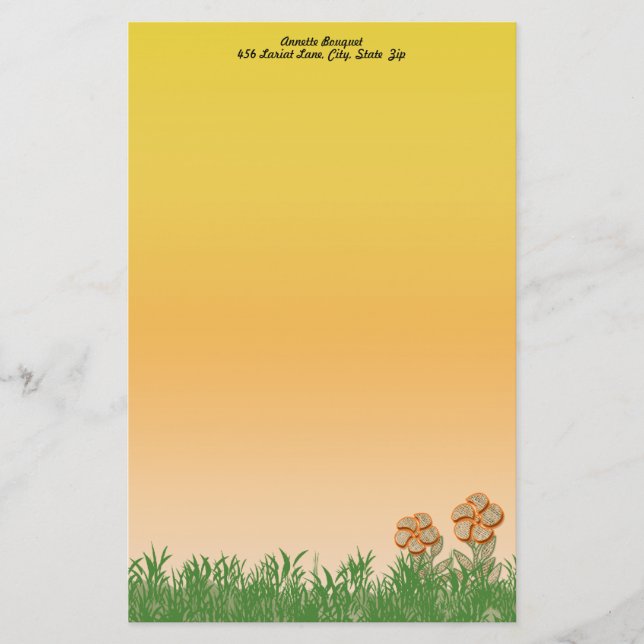 Burlap Texture Orange Flower Art Personalized Stationery (Front)