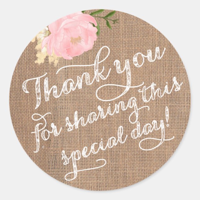 Burlap Thank You Stickers, Shabby Thank You favors Classic Round Sticker (Front)