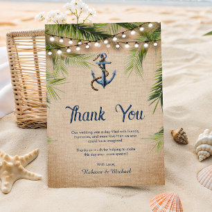 Burlap Tropical Palm Leaves Anchor Photo Wedding Thank You Card