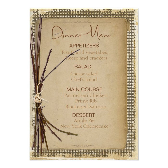 Burlap, Twigs and Twine Reception Menu Personalized Invitations