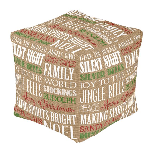 Burlap Typography Rustic Christmas Pouf (Angled Front)