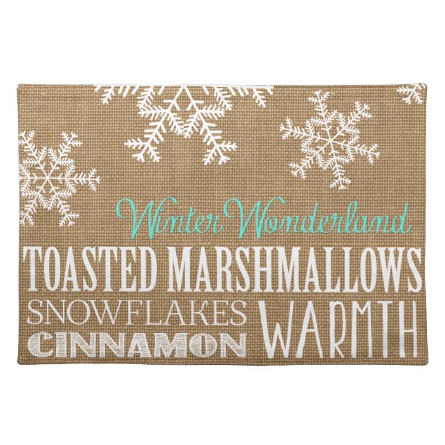 Burlap Typography Winter Wonderland Snowflake Cloth Placemat (Front)
