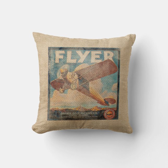 Burlap Vintage Airplane Throw Pillow (Front)