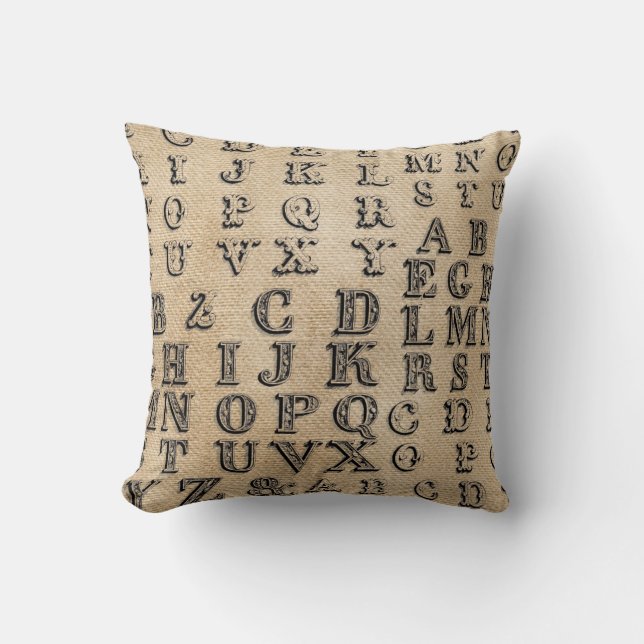 Burlap Vintage Alphabet Throw Pillow (Front)