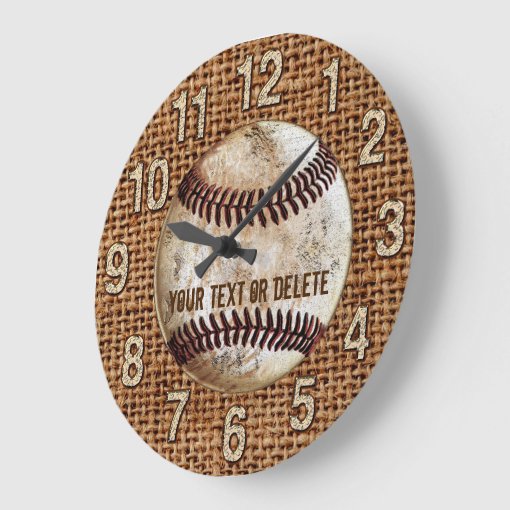 Burlap Vintage Baseball Clock with YOUR TEXT Zazzle