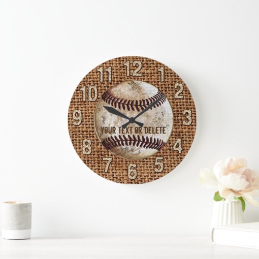 Burlap Vintage Baseball Clock with YOUR TEXT Zazzle