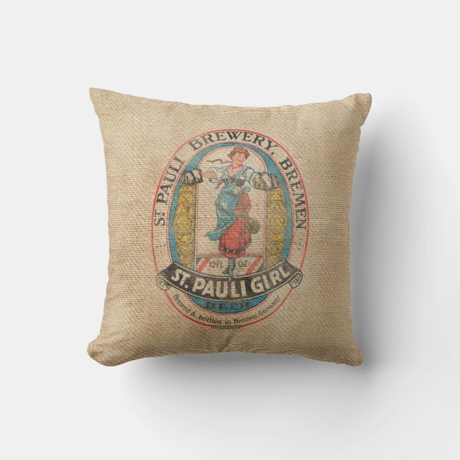 Burlap Vintage Brewery Beer Advertisement Throw Pillow (Front)