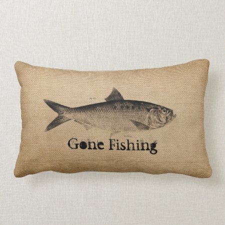 Burlap Vintage Fish Gone Fishing Lumbar Pillow