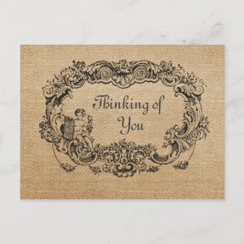 Burlap Vintage Frame Thinking Of You Postcard by MarceeJean at Zazzle