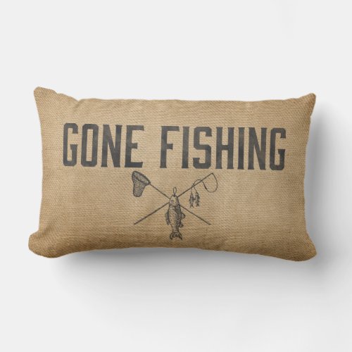 Burlap Vintage Gone Fishing Lumbar Pillow