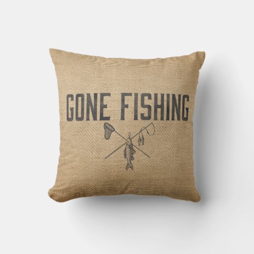 Burlap Vintage Gone Fishing Throw Pillow