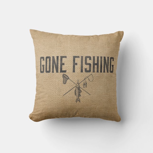 Burlap Vintage Gone Fishing Throw Pillow (Front)
