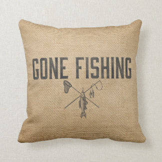 Burlap Vintage Gone Fishing Throw Pillow