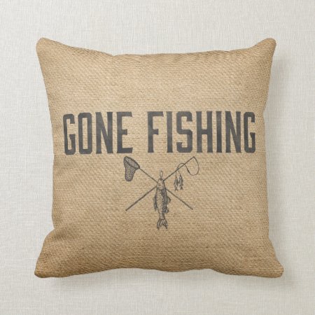 Burlap Vintage Gone Fishing Throw Pillow