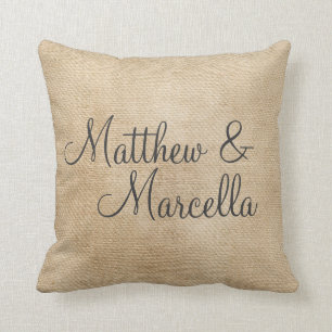 Burlap Vintage Personalize Wedding Names Date Throw Pillow
