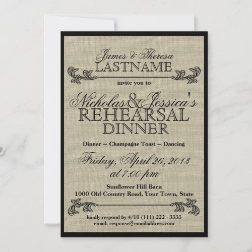 Burlap Vintage Rehearsal Dinner Personalized Invitations