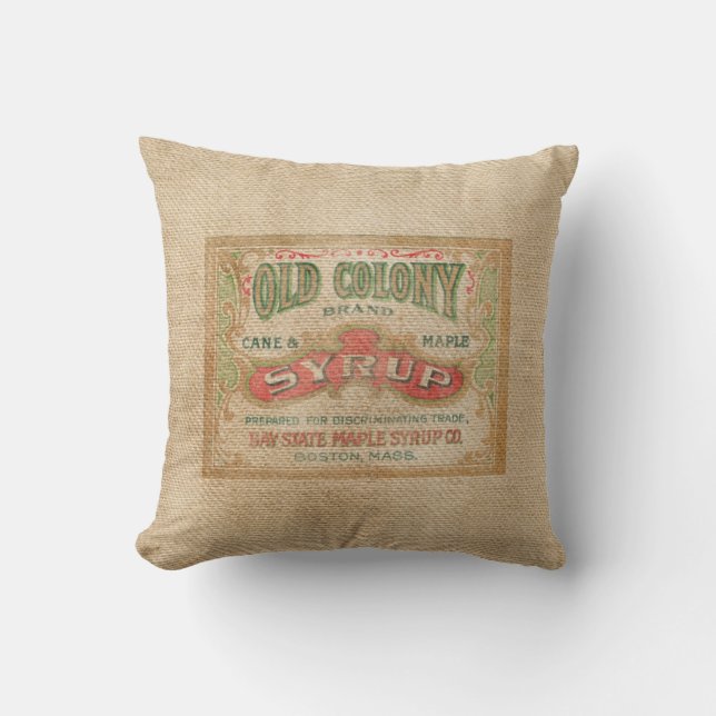 Burlap Vintage Syrup Advertisement Throw Pillow (Front)