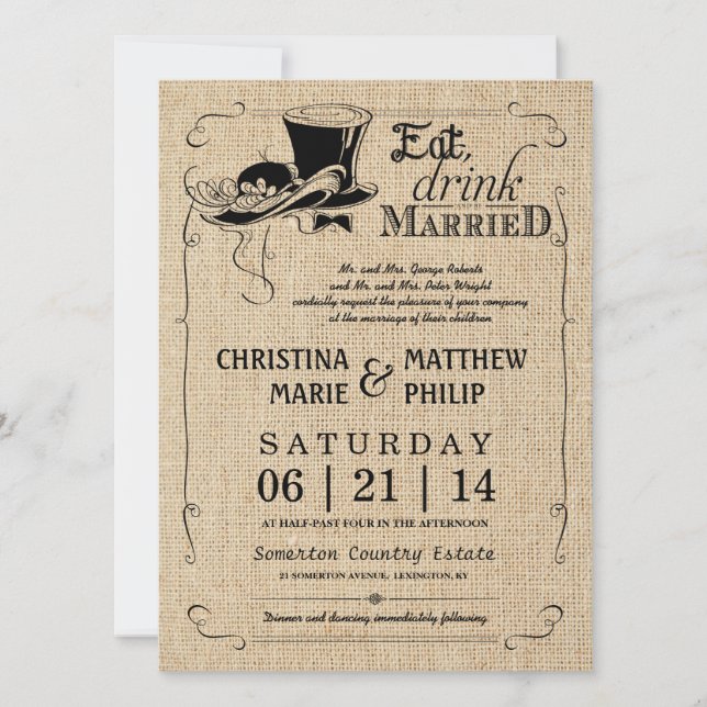 Burlap Vintage Top Hat Wedding Invitations (Front)