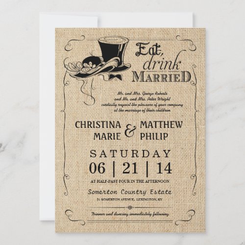 Burlap Vintage Top Hat Wedding Invitations
