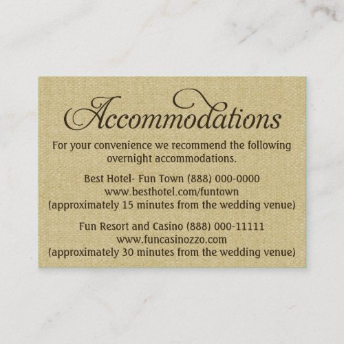 Burlap Wedding Accommodation - Reception Cards Business Card Template