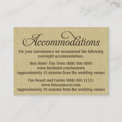 Customizable Burlap Wedding Accommodation - Reception Cards Business Card Template