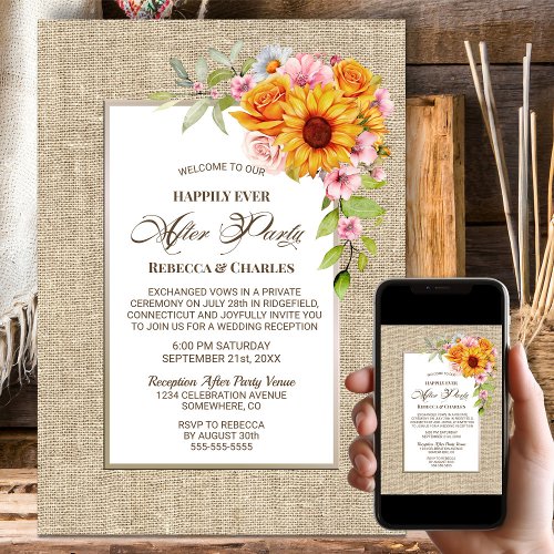 Burlap Wedding After Party Sunflower Floral Invitation