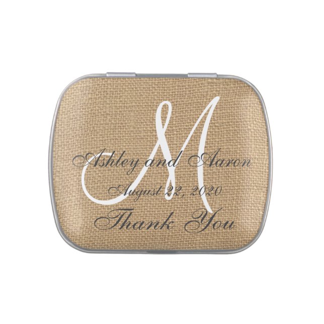 Burlap Wedding Monogram Names Date Candy Tin (Top)