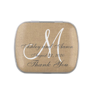 Burlap Wedding Monogram Names Date Jelly Belly Tin
