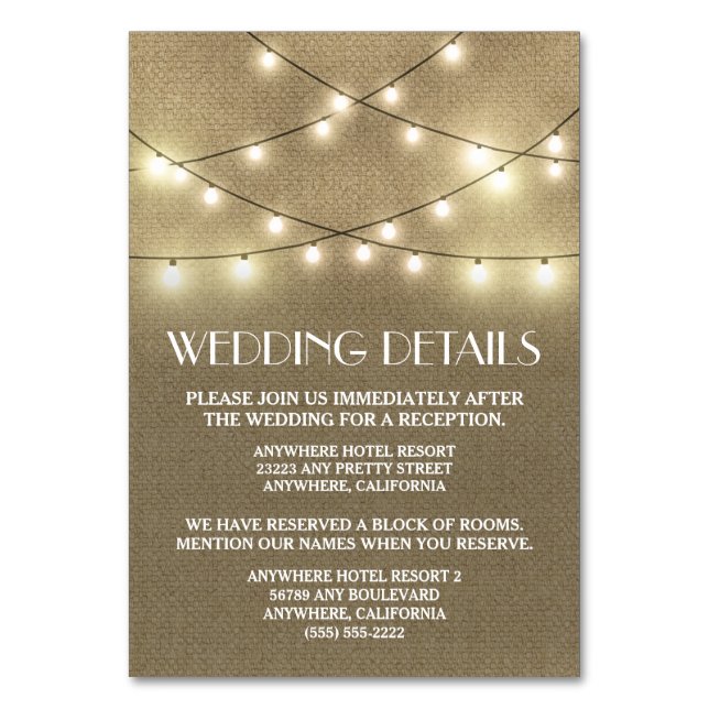 Burlap Wedding Reception Accommodation Cards (Front)