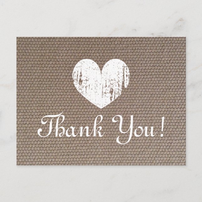 Burlap wedding thank you cards with rustic heart (Front)