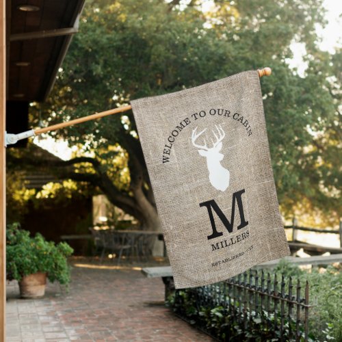 Burlap Welcome To Cabin Family Name Monogram House Flag